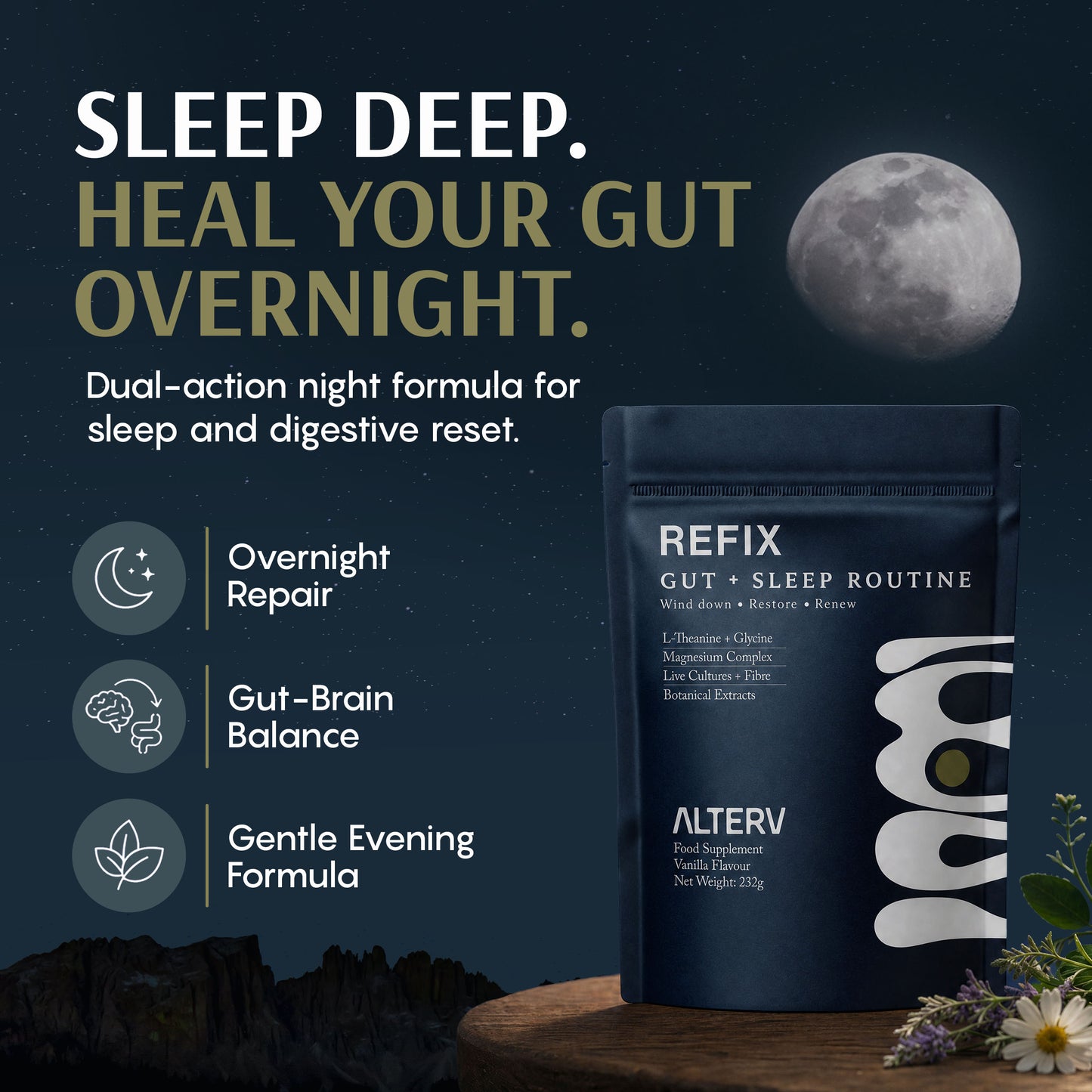REFIX Natural Sleep & Gut Health Supplement packaging, promoting natural sleep aid for gut health.