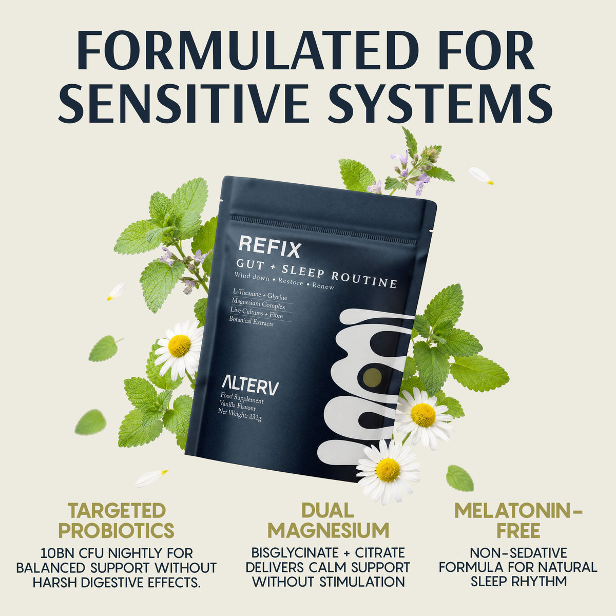 REFIX natural sleep aid for gut health supplement with probiotics and magnesium for sensitive systems.