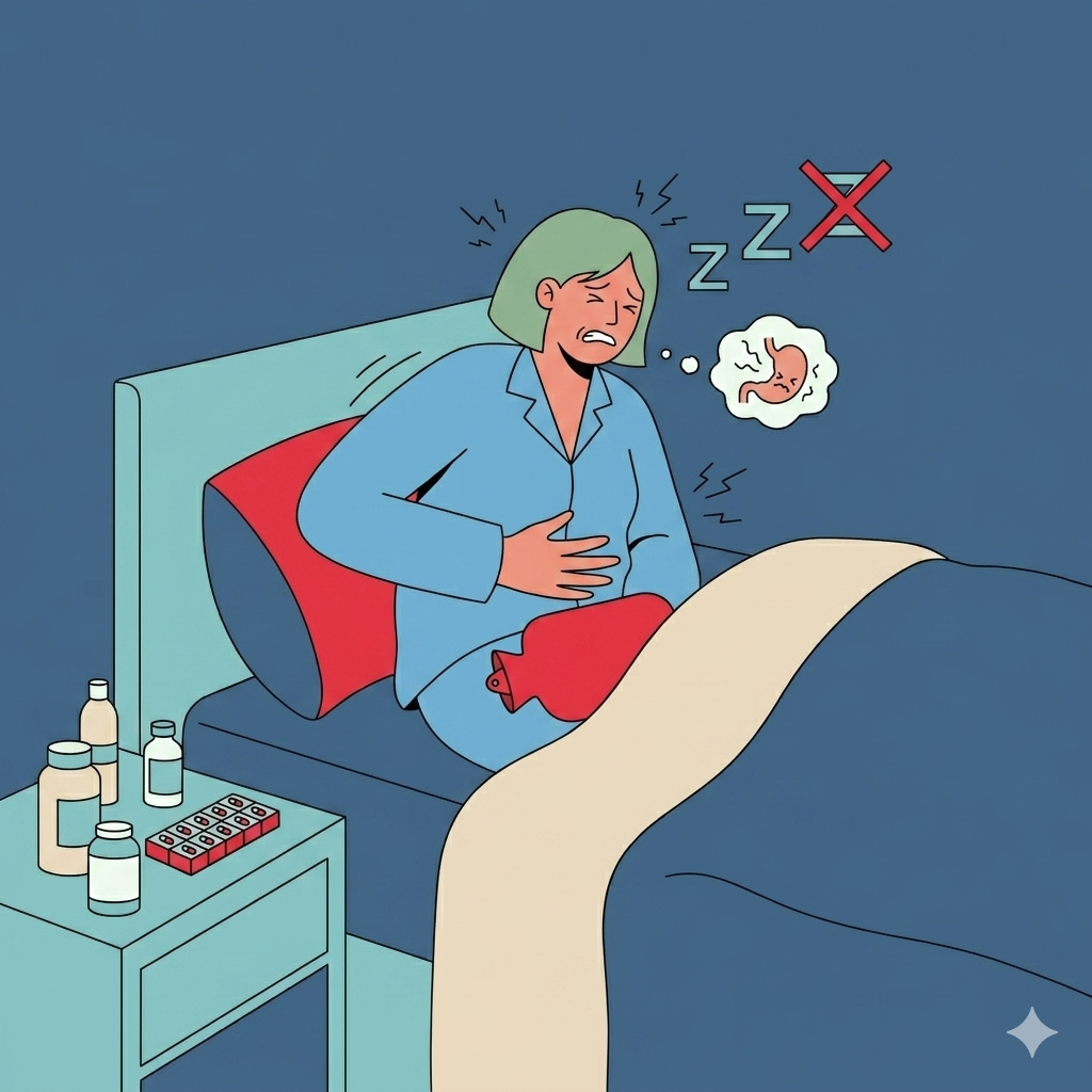 A person in bed experiencing bad sleep and digestive problems, showcasing the bad sleep digestive problems connection.
