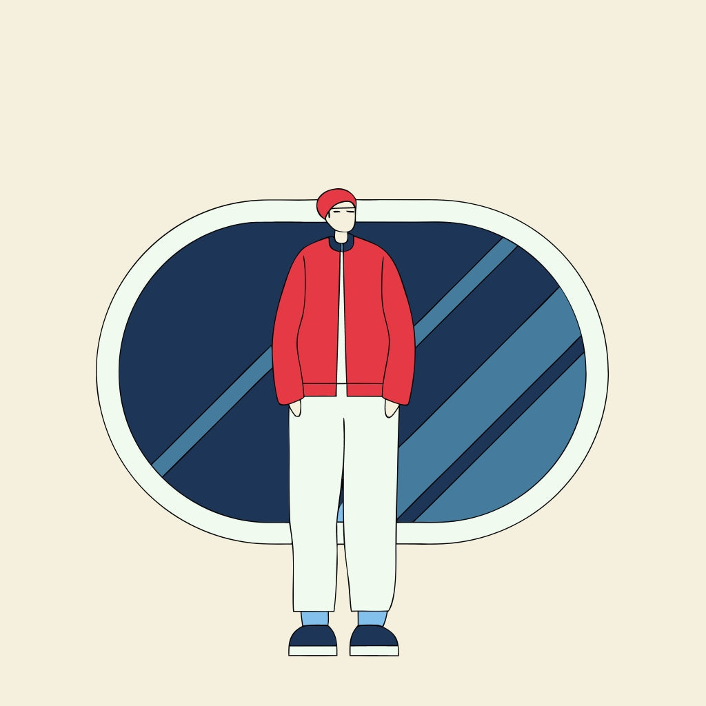 Illustration of a person in a red jacket standing by a large oval window, promoting natural ways to fix gut health naturally.