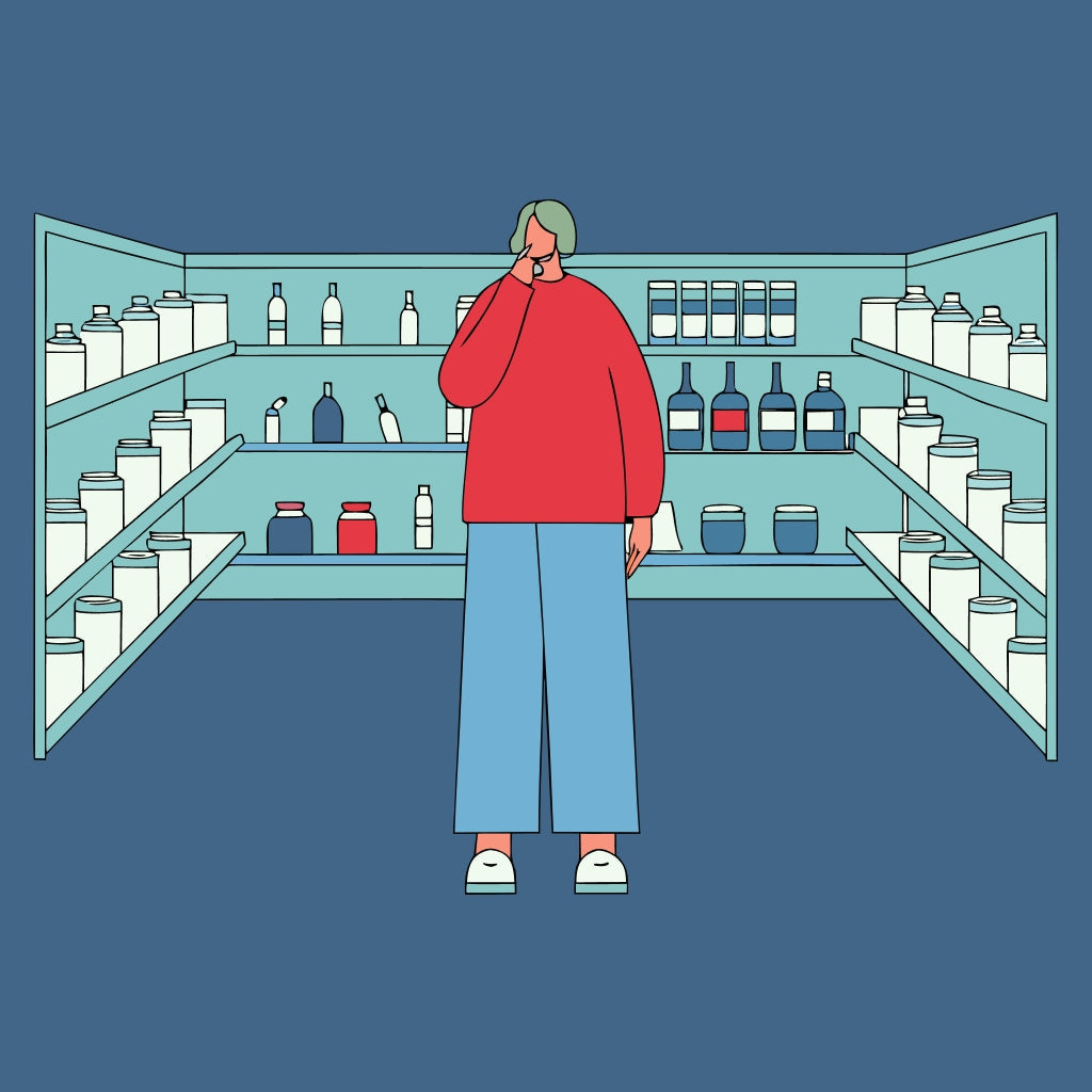 Person examining supplement products on shelves, highlighting red flags supplement review.