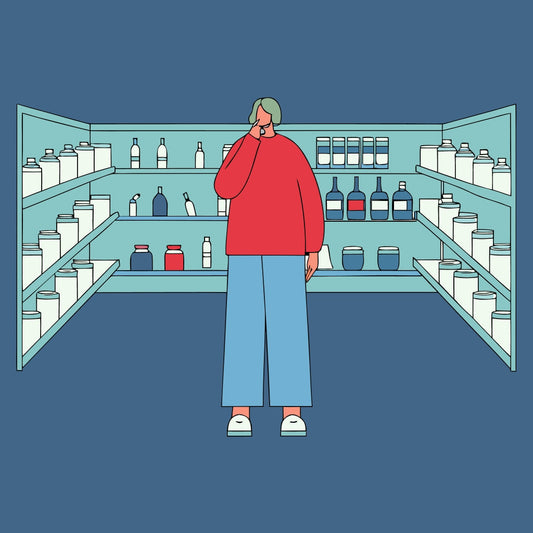 Person examining supplement products on shelves, highlighting red flags supplement review.