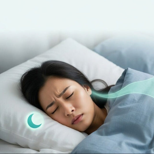 Woman sleeping with an illustration of a stomach on a light background