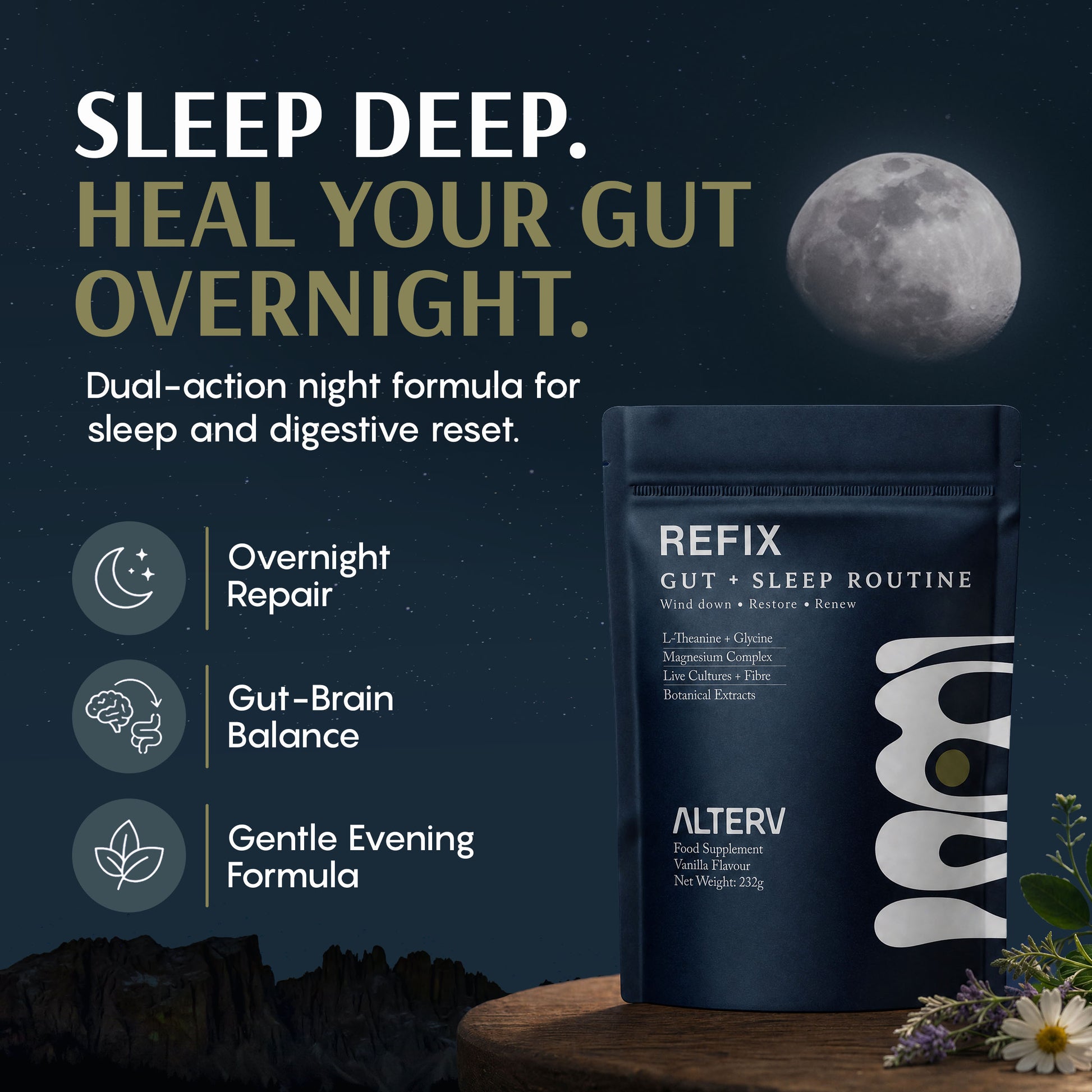 REFIX Natural Sleep & Gut Health Supplement packaging, promoting natural sleep aid for gut health.