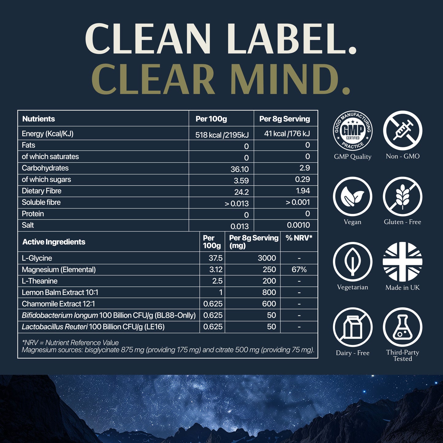 Nutritional information for REFIX Natural sleep aid for gut health supplement, highlighting ingredients and benefits.