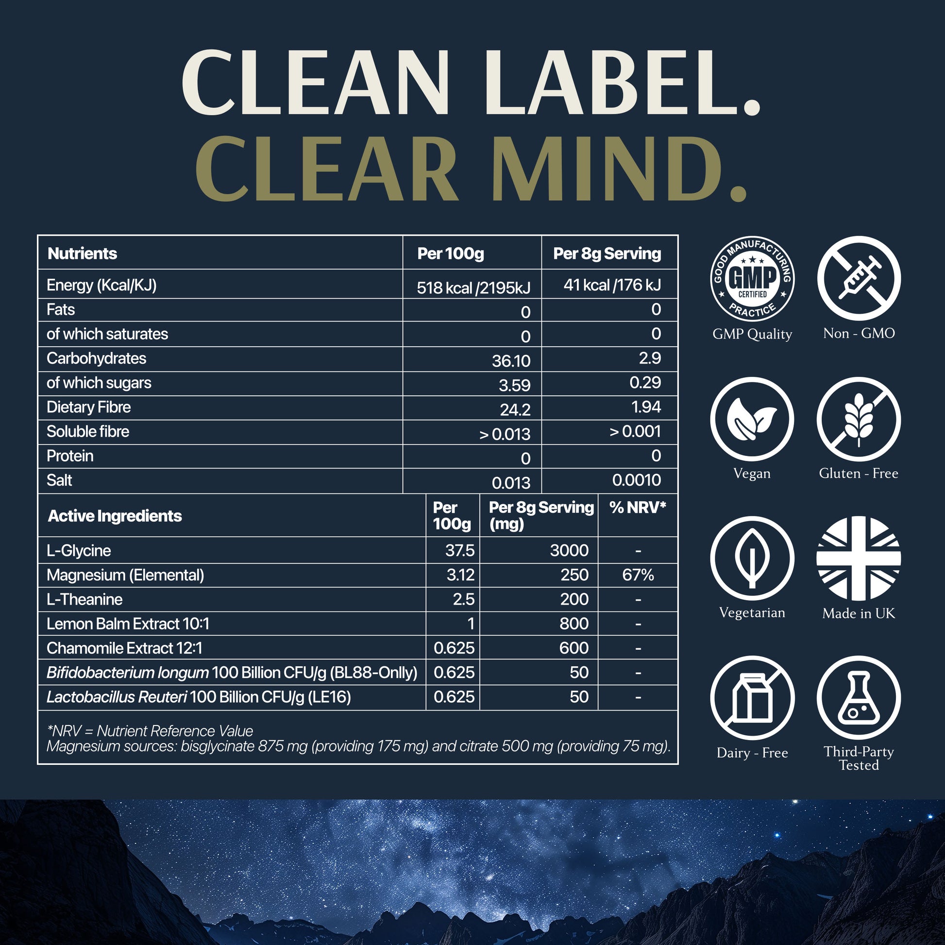 Nutritional information for REFIX Natural sleep aid for gut health supplement, highlighting ingredients and benefits.