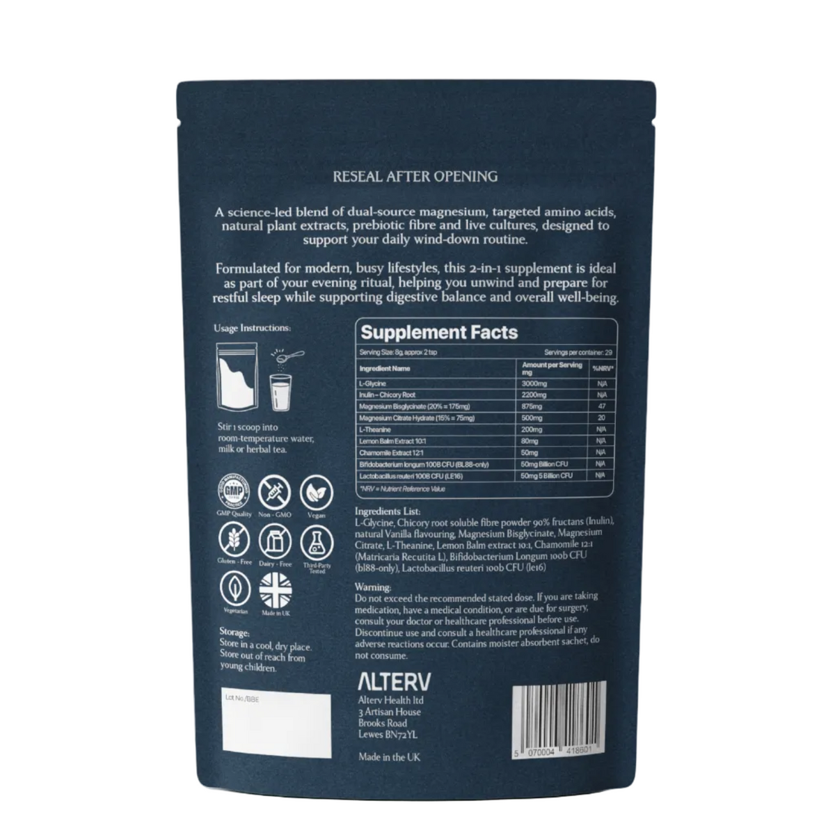 Refix supplement back label with full ingredients list, dosage and allergy information
