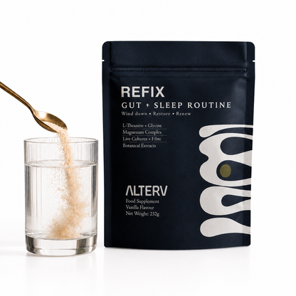REFIX Gut + Sleep Routine supplement pouch with powder being poured into a glass — natural sleep aid for gut health
